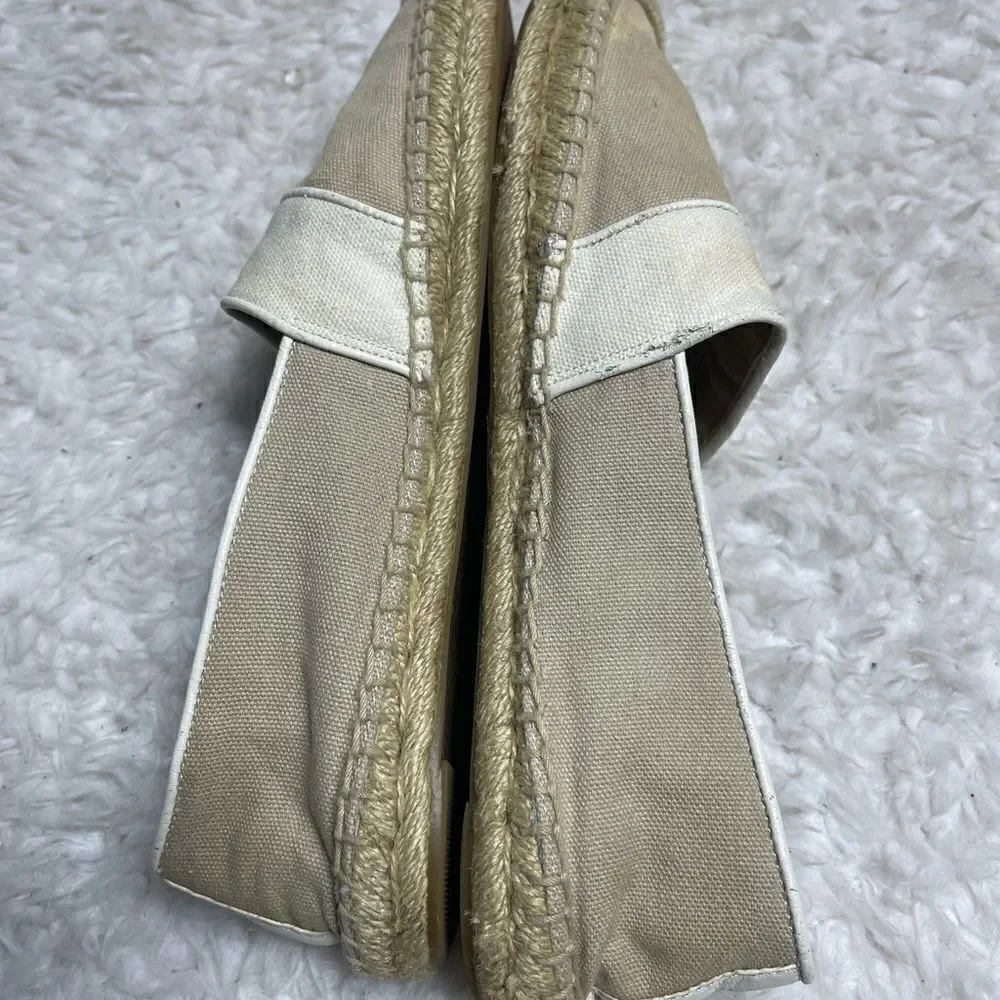 Tory Burch Canvas Khaki & beige espadrilles slip on gold tone logo accent SZ9.5